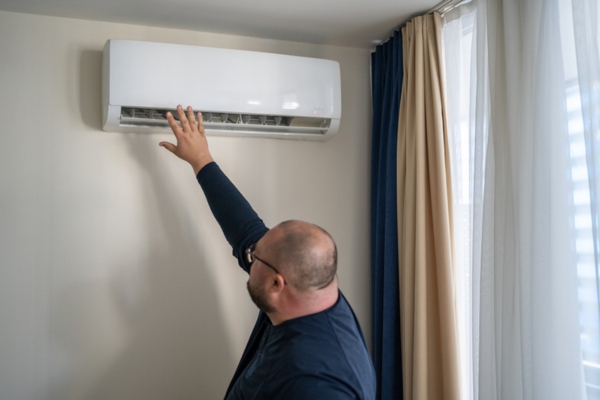 homeowner checking wind output of indoor cooling unit depicting AC wear