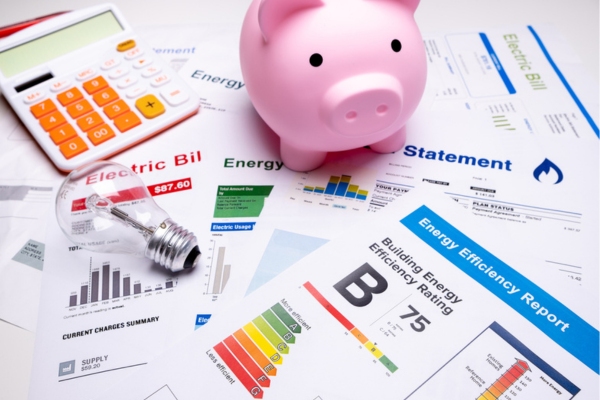 energy bills and piggy bank depicting consumption and savings