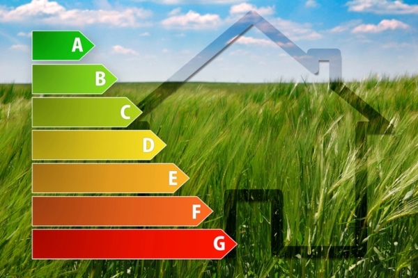 Icon of house energy efficiency rating with green grass in the background