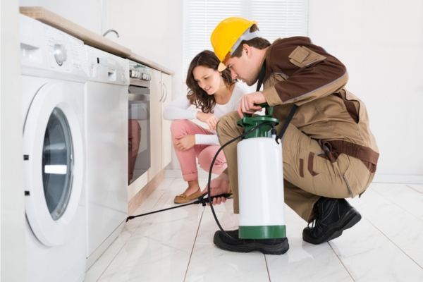 worker spraying insecticide in the kitchen beside homeowner