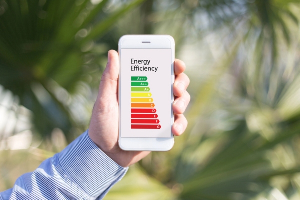 cropped view of a man's hand holding up a smart phone displaying energy efficiency chart